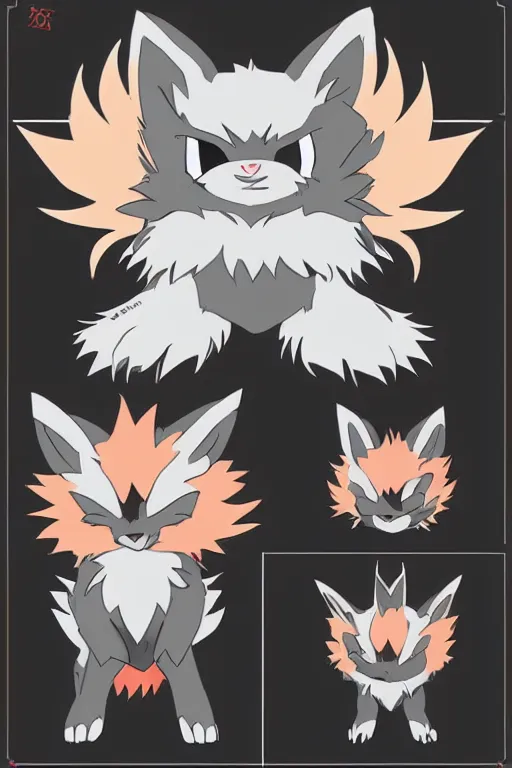 Image similar to zorua pokemon, stylised fox - like appearance, black and auburn colour pallet, thick furry neck and chest fluff, stylised 🖌 - like hair, pokemon concept art with multiple angles, super detailed, clean lines, digital art