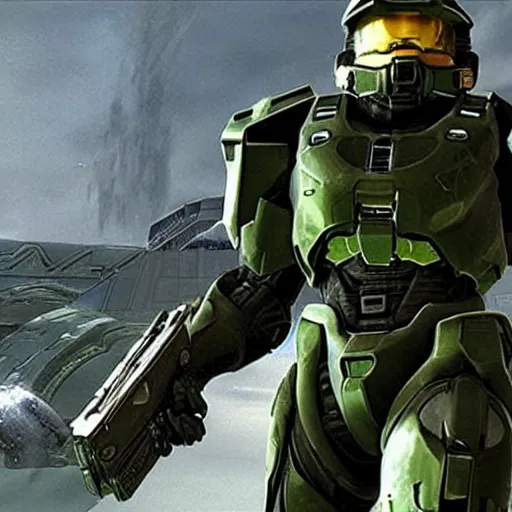 Prompt: Danny DeVito starting as Master Chief in Halo 3 (2007)