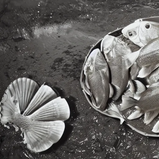 Prompt: sepia photo of prize winning fish catch, but the fish is actually a scallop shell