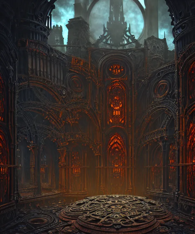 Image similar to steam necropolis, memento mori, gothic, neo - gothic, art nouveau, hyperdetailed copper patina medieval icon, stefan morrell, philippe druillet, ralph mcquarrie, concept art, steampunk, unreal engine, detailed intricate environment, octane render, moody atmospherics, volumetric lighting, ultrasharp, ominous, otherworldly