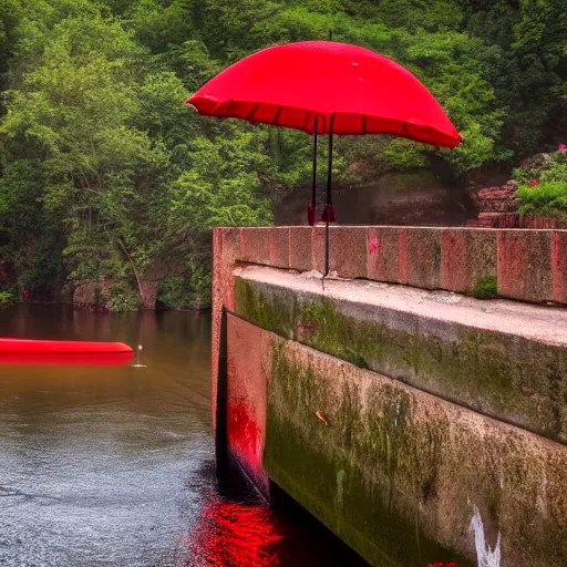 Prompt: in background arched bridge over river, red umbrella floats in water in foreground, hyper detailed, national geographic photo