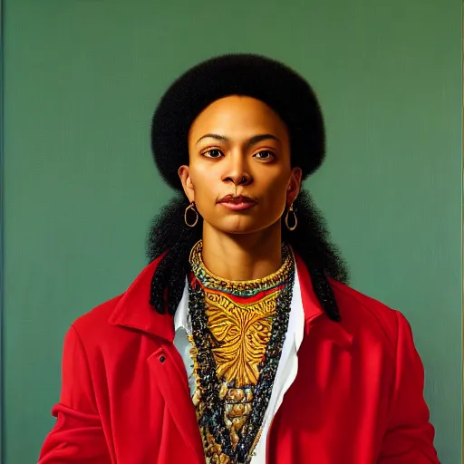 Image similar to A portrait of a thin trendy and gorgeous non-binary person, light skin tone, Maori people, oil painting by Kehinde Wiley, majestic, detailed, high resolution