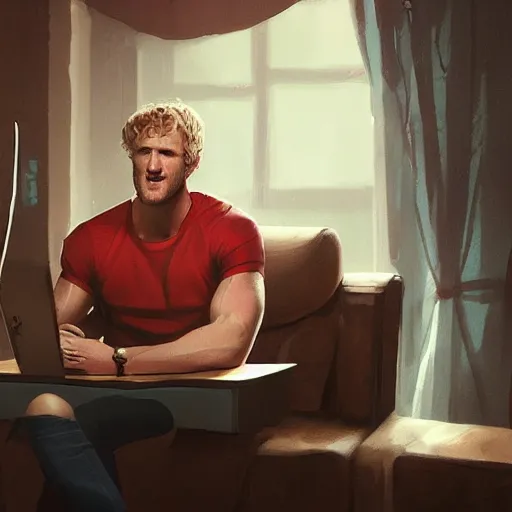 Image similar to Logan Paul giving a podcast On the radio with wolverine , artstation, Greg rutkowski, cinematic, digital Art