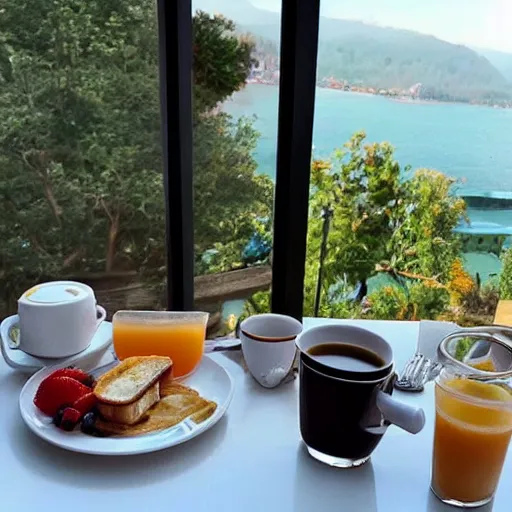 Prompt: beautiful breakfast with beautiful stunning view