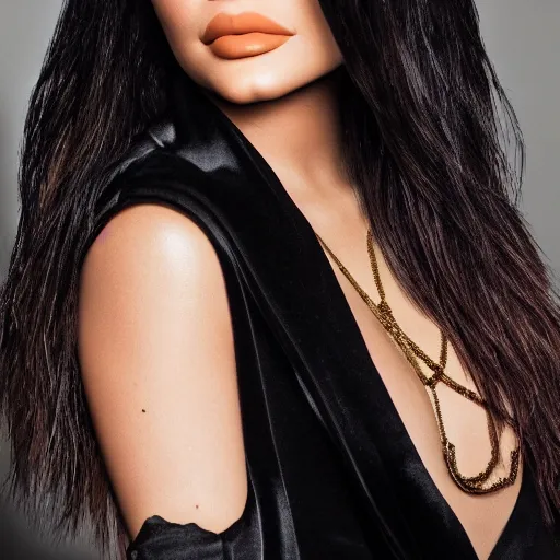 Prompt: kylie jenner wearing black robe and golden necklace cinematic photoshoot high quality highly affordable photo realistic 8 k hd