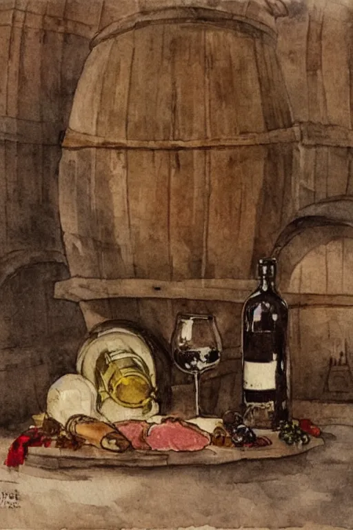 Image similar to pork, meat, schnapps, wine, candle on a barrel in a cellar, watercolor painting by anderz zorn and carl larsson