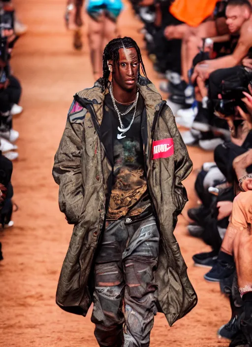 Image similar to hyperrealistic and heavy detailed nike runway show of travis scott, leica sl 2 5 0 mm, vivid color, high quality, high textured, real life