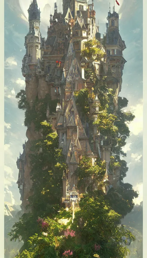 Prompt: castle seen from the sky, cyberpunk, design on white background, beautiful details, lush foliage, drawn by john singer sargent, tom bagshaw, norman rockwell, alphonso mucha, lolish, trending on artstation