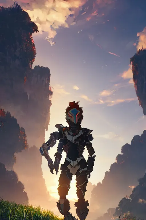 Image similar to combination suit armor aloy horizon forbidden west horizon zero dawn radiating a glowing aura global illumination ray tracing hdr fanart arstation by ian pesty and alena aenami artworks in 4 k tribal robot ninja mask helmet backpack