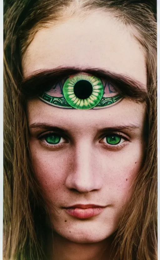 Image similar to a heavily tattooed white girl with brown hair and green eyes, dutch, wide set eyes, oval face, round cheeks, leica s, 5 0 mm lens, kodachrome, 1 9 6 9, shot by platon