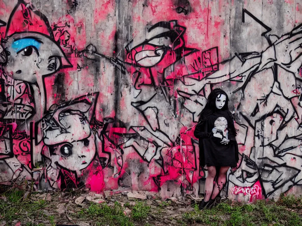Prompt: graffiti in an abandoned graveyard, cute fumo plush gothic black enigmatic maiden girl painted in spilt red ink and washed watercolor, avant garde pop art, filmic, daylight, captured on canon eos r 6