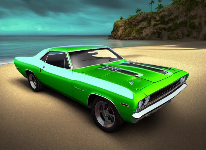 Image similar to hyperrealism, detailed textures, photorealistic 3 d render, a dreamy beach in cuba, a 1 9 7 0 hemi cuda with mopar green colour scheme, sharp focus, ultra realistic, ultra high pixel detail, cinematic, intricate, cinematic light, concept art, illustration, art station, unreal engine 8 k