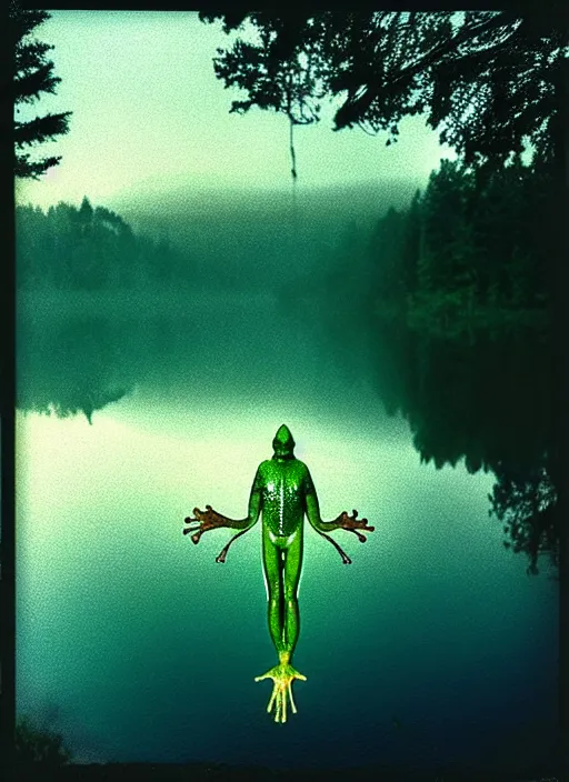 Prompt: “translucent frog amphibian vertically hovering above calm lake waters in jesus christ pose, distant meadow and misty forest horizon, low angle, long cinematic shot by Andrei Tarkovsky, paranormal, eerie, mystical”