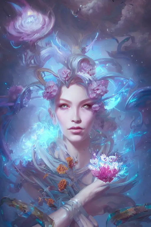 Image similar to beautiful girl necromancer covered with crystals exploding space, 3 d render, hyper realistic detailed portrait, holding magic flowers, scifi, fantasy, hyper detailed, octane render, concept art, peter mohrbacher, artgerm, ruan jia, wlop