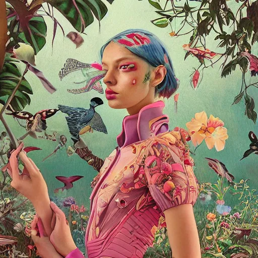 Image similar to pretty model with botanical and birds : : by martine johanna and simon stalenhag and chie yoshii and casey weldon and wlop : : ornate, dynamic, particulate, rich colors, intricate, elegant, highly detailed, vogue, harper's bazaar art, fashion magazine, smooth, sharp focus, 8 k, octane render