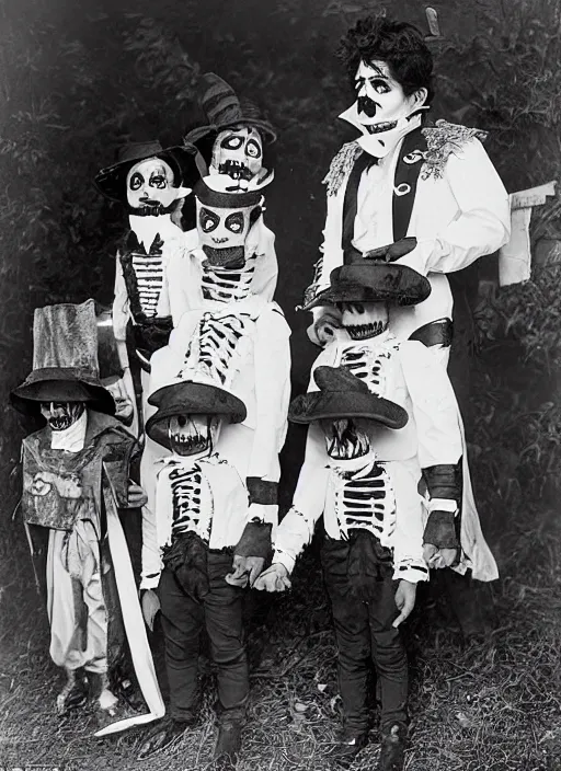 Prompt: photograph from 1905 of Halloween trick or treaters wearing Michael Jackson Thriller costumes, highly detailed, vintage film