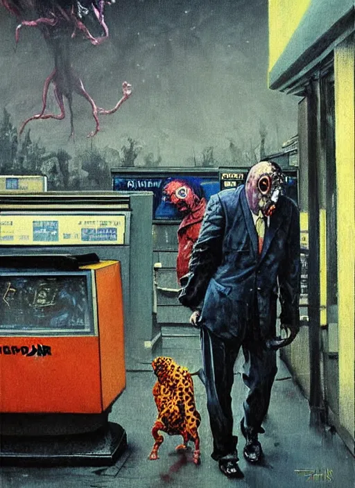 Image similar to a dariusz zawadzki painting of a creature covered in tripophobic holes walking towards a man at a gas station, full view, concept art, extremely high details, francis bacon, norman rockwell, hyper realistic high quality scene of the end of the world by francis bacon and edward hopper, horror art, scene from godfather