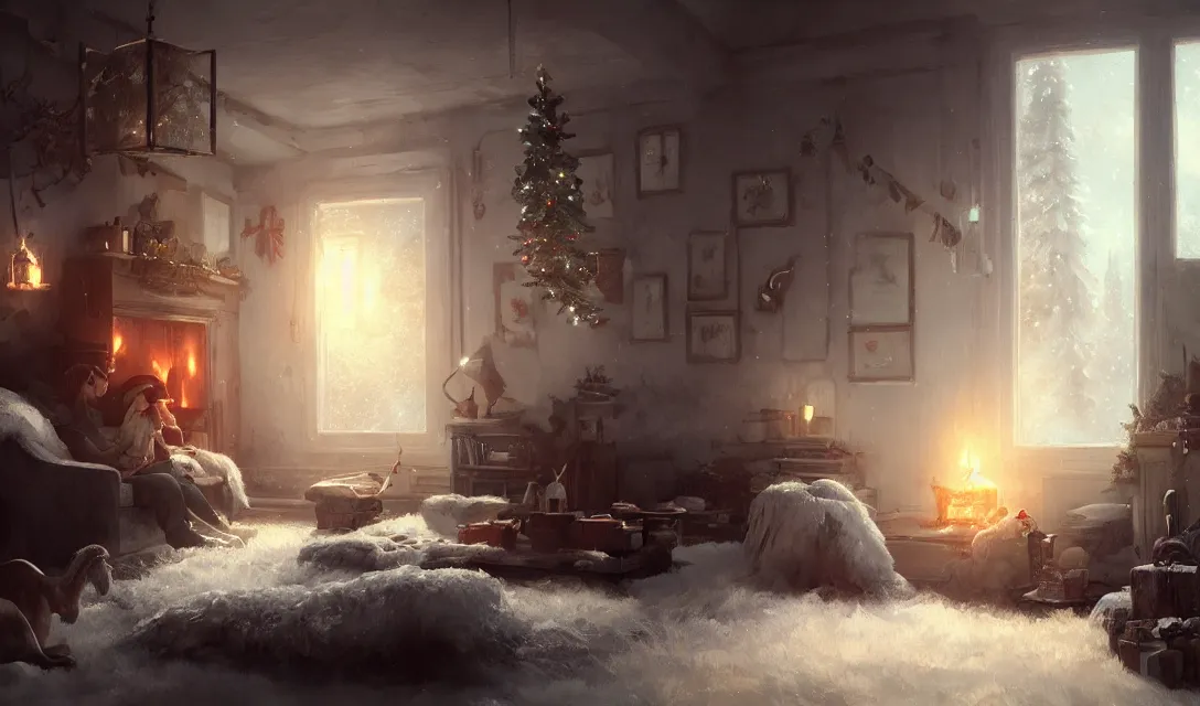 Image similar to a christmas eve photorealistic painting, cozy home, interior, sci - fi, wlop, concept art, octane render, deviantart, greg rutkowski, cinematic, key art, hyperrealism