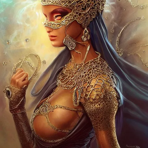 Prompt: a beautiful woman wearing a white niqab made of silk with golden jewelry and diamonds by alex gray and android jones, karol bak, ayami kojima, arabian, concept art, fantasy