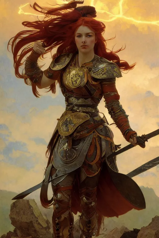 Image similar to half body matte portrait of a red haired valkyry in a heroic pose and wearing thick bronze plate armor at the top of a mountain holding a spear made of lightning, art by albert bierstadt, alphonse mucha, andreas rocha, greg rutkowski, sharp edges. ultra clear detailed. 8 k. elegant. octane render