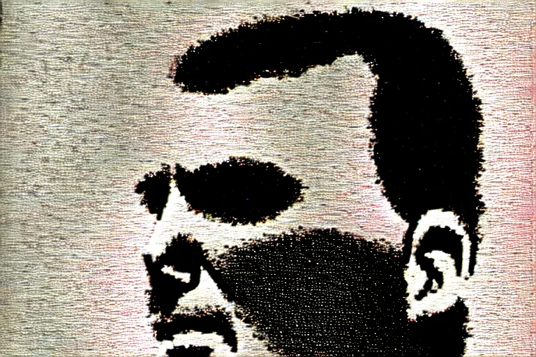 Image similar to steve austin, the six million dollar man with the bionic eye, a portrait image at moma museum, hard lighting, stipple brush technique