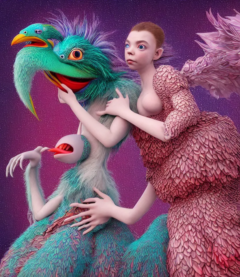 Image similar to hyper detailed 3d render like a Oil painting - kawaii portrait of lovers hugging or kissing pecking adorably Aurora (a beautiful girl skeksis muppet fae princess protective playful expressive acrobatic from dark crystal that looks like Anya Taylor-Joy) seen red carpet photoshoot in UVIVF posing in scaly dress to Eat of the Strangling network of yellowcake aerochrome and milky Fruit and His delicate Hands hold of gossamer polyp blossoms bring iridescent fungal flowers whose spores black the foolish stars by Jacek Yerka, Ilya Kuvshinov, Mariusz Lewandowski, Houdini algorithmic generative render, golen ratio, Abstract brush strokes, Masterpiece, Edward Hopper and James Gilleard, Zdzislaw Beksinski, Mark Ryden, Wolfgang Lettl, hints of Yayoi Kasuma and Dr. Seuss, Grant Wood, octane render, 8k