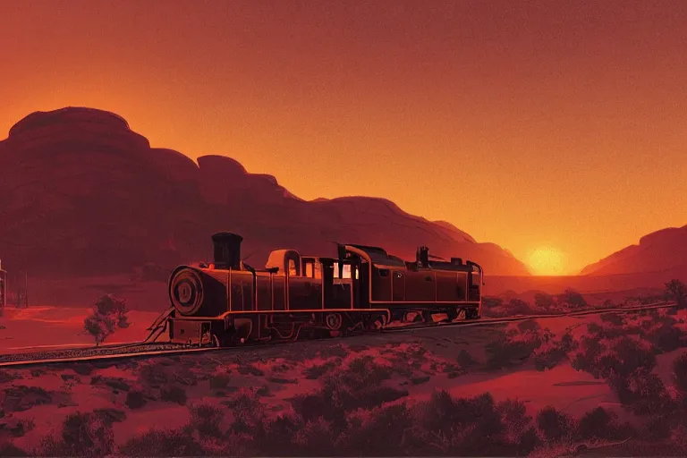 Image similar to idyllic old western train station illustration by syd mead, artstation, 4 k, graphic novel, concept art, matte painting, steam engine, beautiful mountain desert sunset background, golden hour