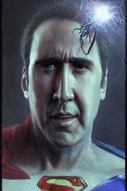 Image similar to Portrait of Nicolas Cage as superman, DC, dark fantasy, intricate, smooth, artstation, painted by Wayne Barlowe, Greg Rutkowski, Zdislav Beksinski