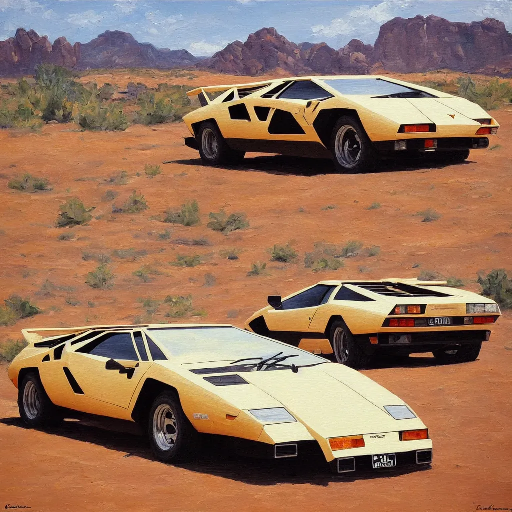 Prompt: Lamborghini Countach in the Arizona desert, oil painting