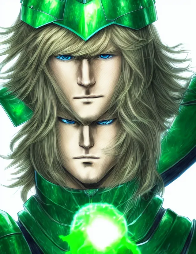 Image similar to a detailed manga portrait of a long haired blonde man with blue eyes in green armour glowing with green energy, trending on artstation, digital art, 4 k resolution, detailed, high quality, sharp focus, hq artwork, coherent, insane detail, character portrait