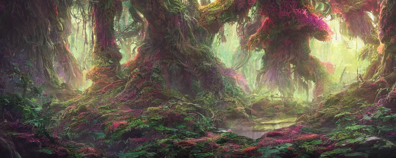 Image similar to detailed concept art illustration colorful pastel painting of a magical sci-fi fantasy forest in full intricate detail, ultra detailed, digital art, octane render, 4K, dystopian, micro details