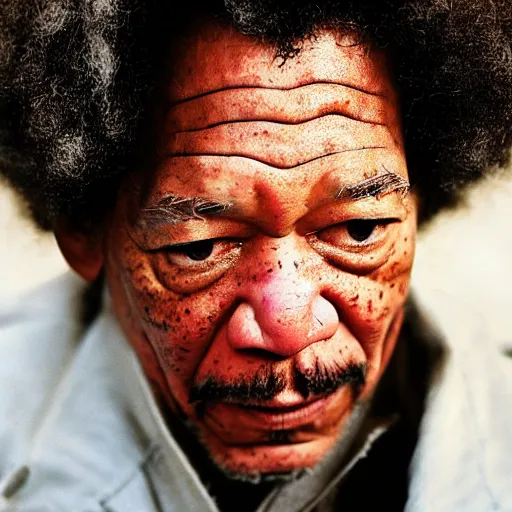 Prompt: a cinematic film still of Morgan Freeman starring as Jimi Hendrix, portrait, 40mm lens, shallow depth of field, close up, split lighting, cinematic