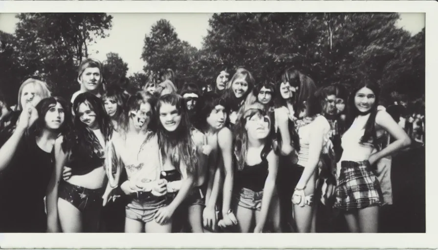 Image similar to Burnt black and white polaroid of 70s teenagers at a carnival.