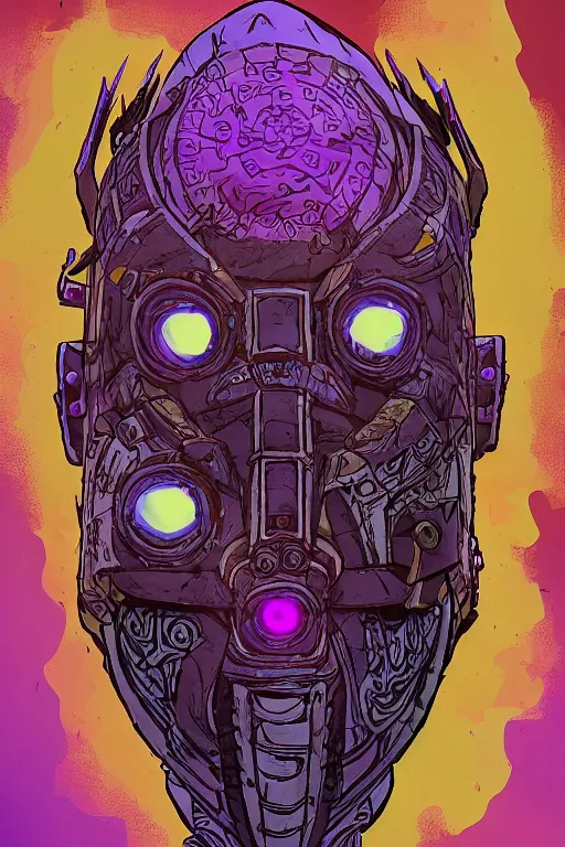 Image similar to tribal vodoo mask eye radiating a glowing aura global illumination ray tracing hdr fanart arstation by ian pesty and katarzyna da „ bek - chmiel that looks like it is from borderlands and by feng zhu and loish and laurie greasley, victo ngai, andreas rocha, john harris wooly hair cut feather stone