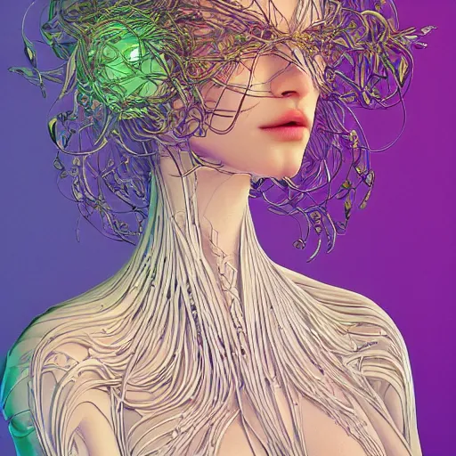 Image similar to the portrait of an incredibly beautiful woman made of onions and lilies, an ultrafine detailed illustration by james jean, final fantasy, intricate linework, bright colors, behance contest winner, vanitas, angular, altermodern, unreal engine 5 highly rendered, global illumination, radiant light, detailed and intricate environment