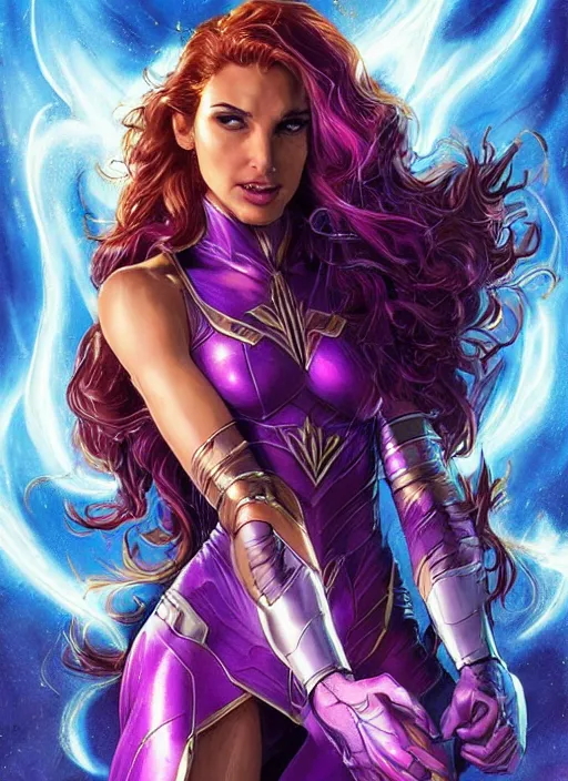 Prompt: front portrait hands behind body pose of attractive Gal Gadot as Starfire with ginger wavy hair, hands behind her body pose!, Intricate overlay flames imagery , D&D!, fantasy style, sharp focus!, ultra detailed, art by Artgerm and Peter Andrew Jones, WLUP
