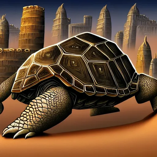 Image similar to Large Fantasy City located on the back of a Giant tortoise stomping through the hot sunny desert, High detail, Dungeons and Dragons, Focus on giant tortoise, 4k