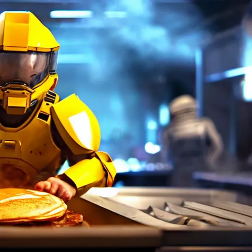 Image similar to master chief wearing a chef hat cooking a stack of pancakes hyper real, 8k, colorful, 3D cinematic