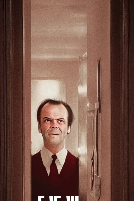 Image similar to a movie poster for the film the shining featuring a prominent portrait of jack nicholson and a stylised elevator in the style of wes anderson.