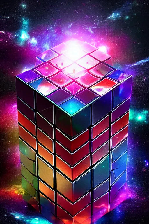 Prompt: four dimensional parallel universe infinite cosmic rubik's cube hypercube tesseract with wormholes, energy and galaxies around it. epic, dramatic, cinematic, digital art, octane render, blender, 8 k, hyperrealistic, trending on artstation