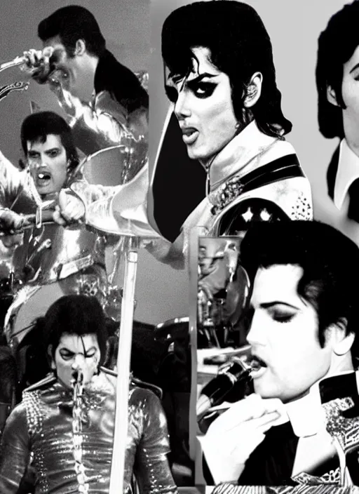 Prompt: Michael Jackson, Elvis Presley and Freddie Mercury have a battle, HD footage, Full shot