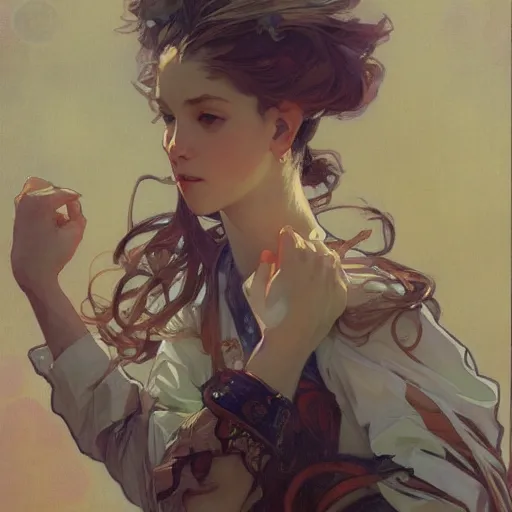 Image similar to krenzcushart, alphonse mucha, j. c. leyendecker, and ruan jia combined art