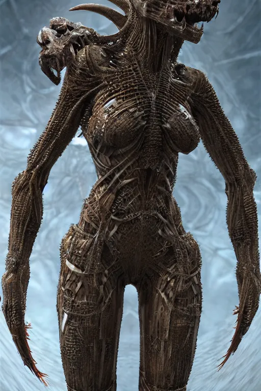 Prompt: skin concept costume, in full growth, biopunk, predator, trypophobia, many details, crystals, guyver style, 3 d, gods, cinematic, hyper realism, high detail, octane render, art by hans giger