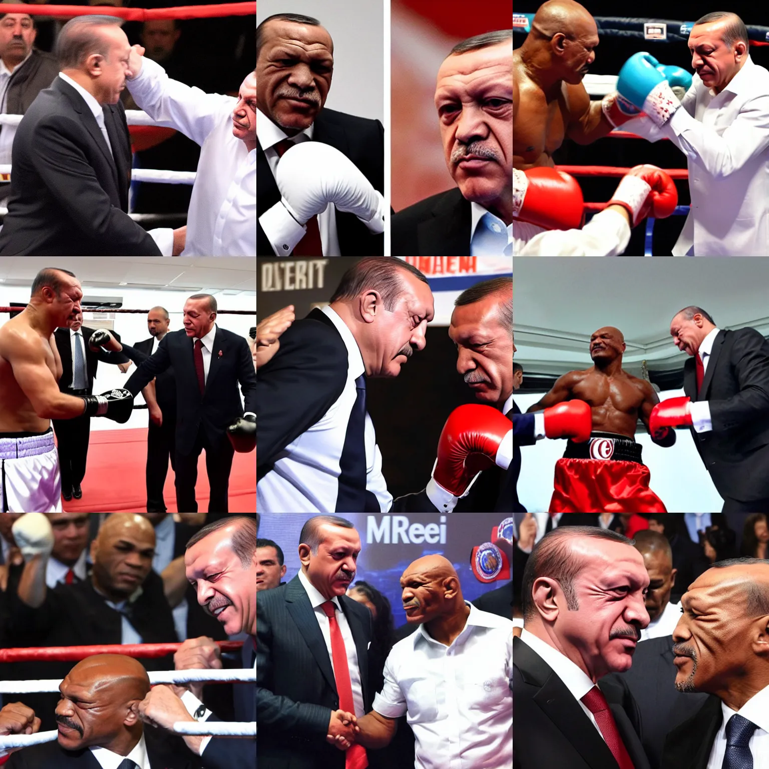 Prompt: recep tayyip erdogan boxing with mike tyson, hd, both faces visible