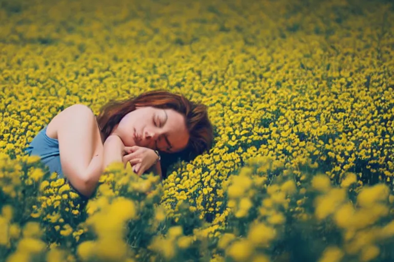 Prompt: close-up flower field with sleeping woman, retrofuturism