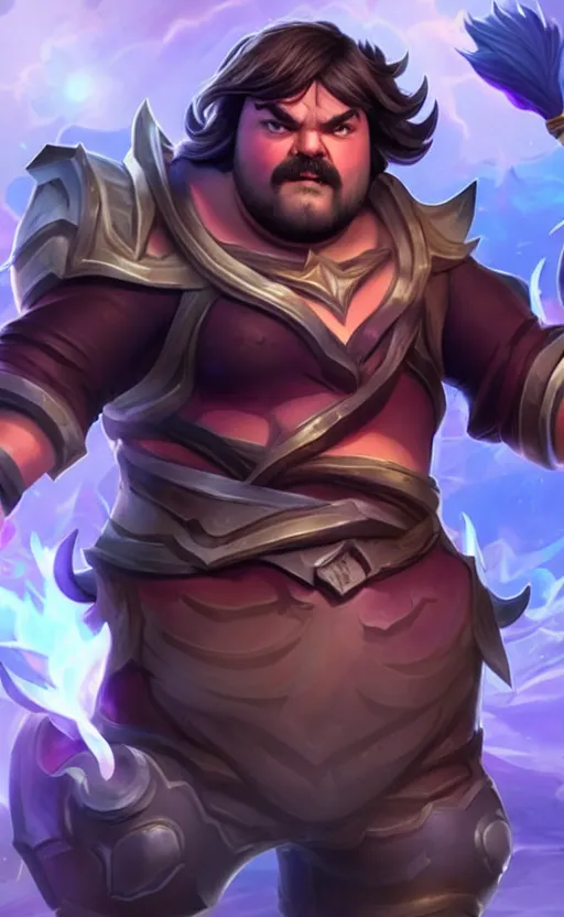 Image similar to Jack Black as a character in the game League of Legends, with a background based on the game League of Legends, detailed face, old 3d graphics