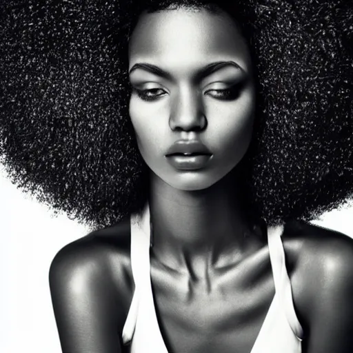 Prompt: close up of head of a black fashion model with large afro, gta editorial of vogue magazine, highly detailed