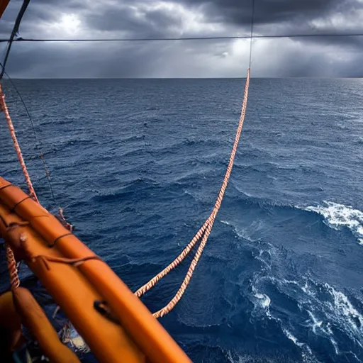 Prompt: a ship which is sailing in dark sea sky is dark blue and clouds and thunderstorms coming in far waves are big detailed picture