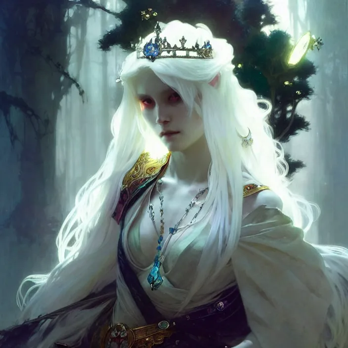 Image similar to a beatiful white haired princess, adorned with precious stone jewelry, intricate concept art, ethereal, ominous, dramatic lighting, Ruan Jia and Jeremy Mann and Alphonse Mucha