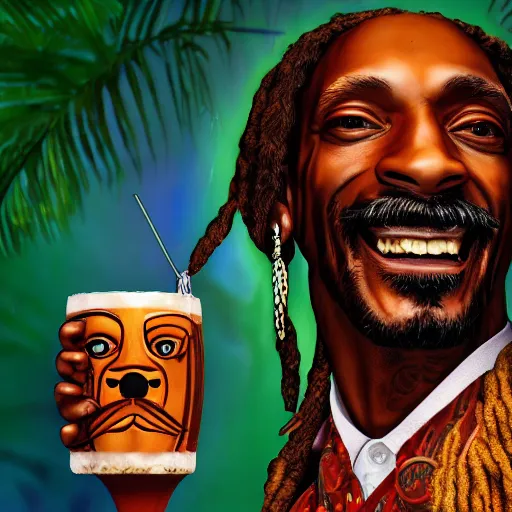 Prompt: a closeup photorealistic photograph of happy snoop dogg at trader vic's bar holding a tiki mug that features the face of snoop dogg. brightly lit scene. this 4 k hd image is trending on artstation, featured on behance, well - rendered, extra crisp, features intricate detail, epic composition and the style of unreal engine.